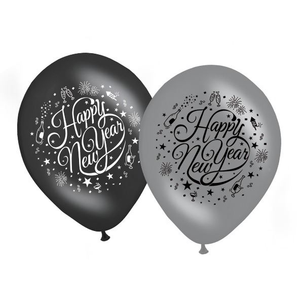 Happy New Year Ballonnen Zwart en Zilver 30cm | 8 stuks